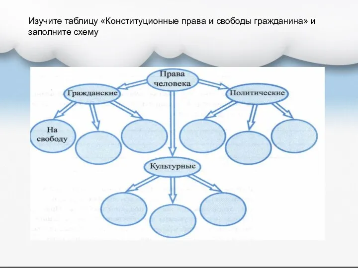 Изучите таблицу «Конституционные права и свободы гражданина» и заполните схему