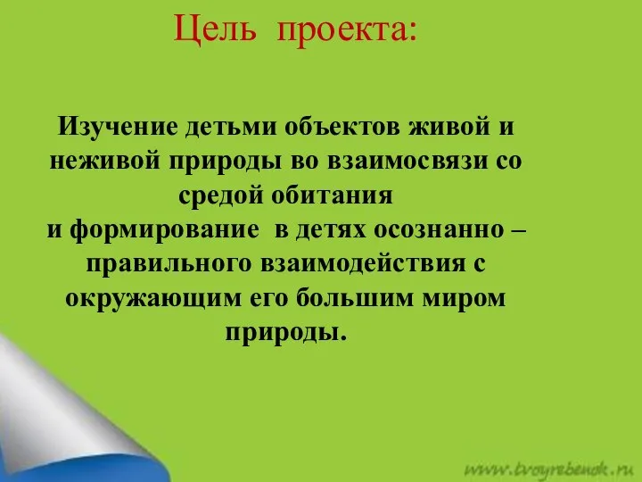 : Цель проекта: Изучение детьми объектов живой и неживой природы во