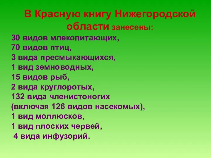 В Красную книгу Нижегородской области занесены: 30 видов млекопитающих, 70 видов