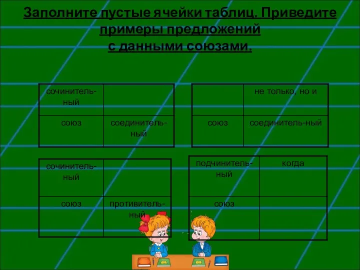 Заполните пустые ячейки таблиц. Приведите примеры предложений с данными союзами.