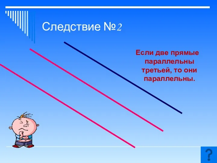 Следствие №2 Если две прямые параллельны третьей, то они параллельны.