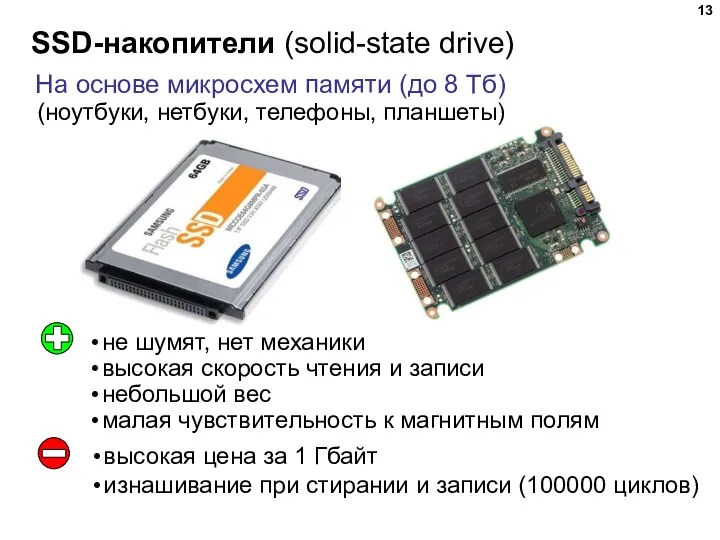 SSD-накопители (solid-state drive) На основе микросхем памяти (до 8 Тб) не