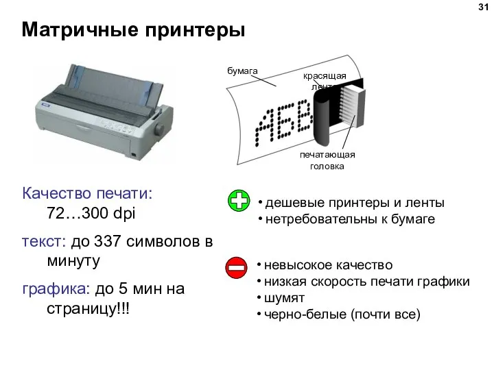 Матричные принтеры Качество печати: 72…300 dpi текст: до 337 символов в