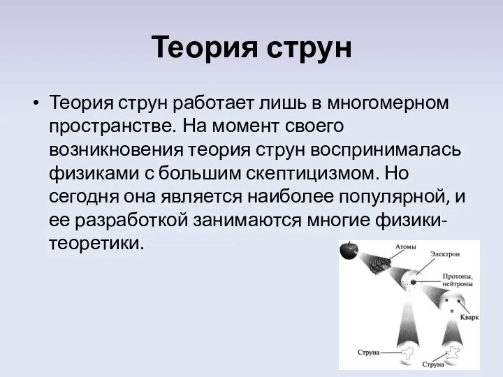 Теория струн Теория струн работает лишь в многомерном пространстве. На момент