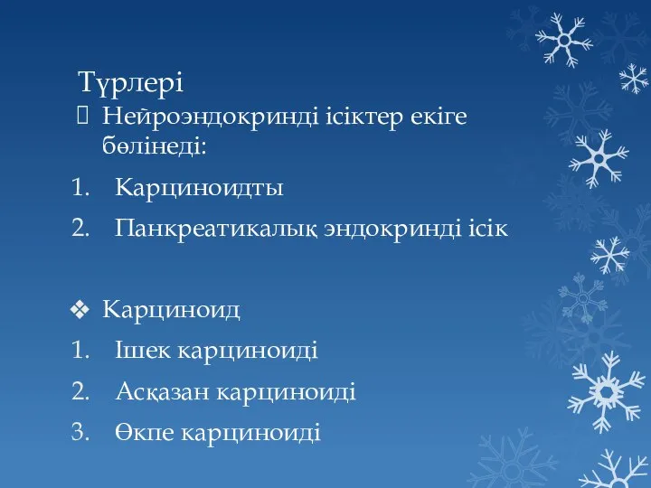 Түрлері Нейроэндокринді ісіктер екіге бөлінеді: Карциноидты Панкреатикалық эндокринді ісік Карциноид Ішек карциноиді Асқазан карциноиді Өкпе карциноиді