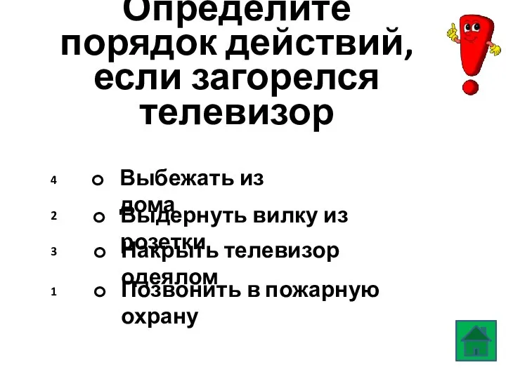 Определите порядок действий, если загорелся телевизор Выбежать из дома Выдернуть вилку