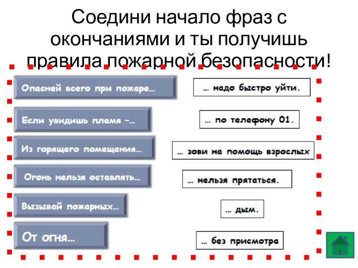 Соедини начало фраз с окончаниями и ты получишь правила пожарной безопасности!