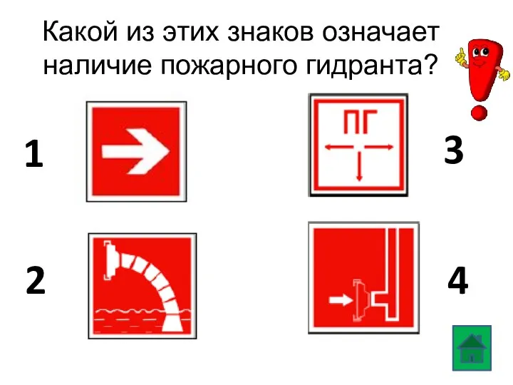 Какой из этих знаков означает наличие пожарного гидранта? 1 3 4 2