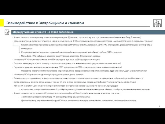 Маршрутизация клиента на этапе заселения: • Клиент записался на передачу помещения