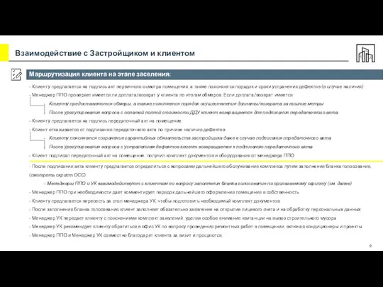 Маршрутизация клиента на этапе заселения: • Клиенту предлагается на подпись акт