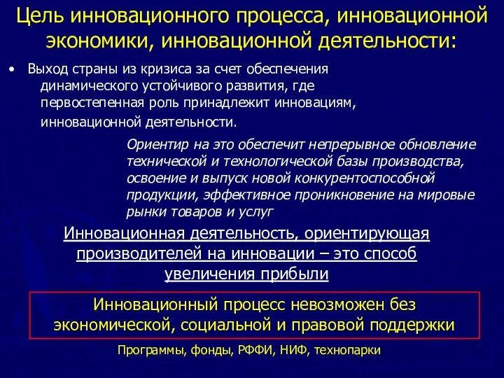 Цель инновационного процесса, инновационной экономики, инновационной деятельности: Выход страны из кризиса