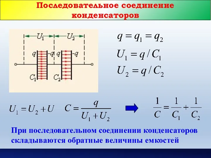 Последовательное соединение конденсаторов При последовательном соединении конденсаторов складываются обратные величины емкостей