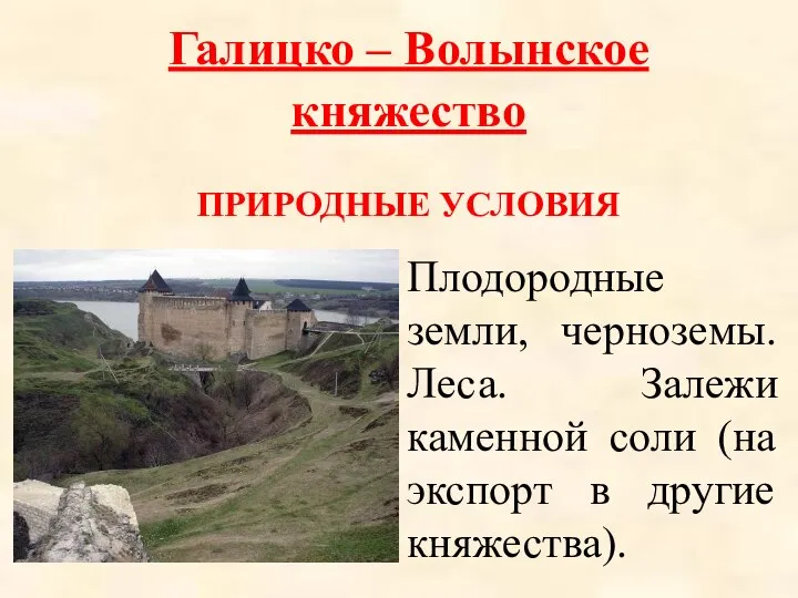 Галицко – Волынское княжество ПРИРОДНЫЕ УСЛОВИЯ Плодородные земли, черноземы. Леса. Залежи