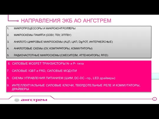 НАПРАВЛЕНИЯ ЭКБ АО АНГСТРЕМ МИКРОПРОЦЕССОРЫ И МИКРОКОНТРОЛЛЕРЫ МИКРОСХЕМЫ ПАМЯТИ (СОЗУ, ПЗУ,