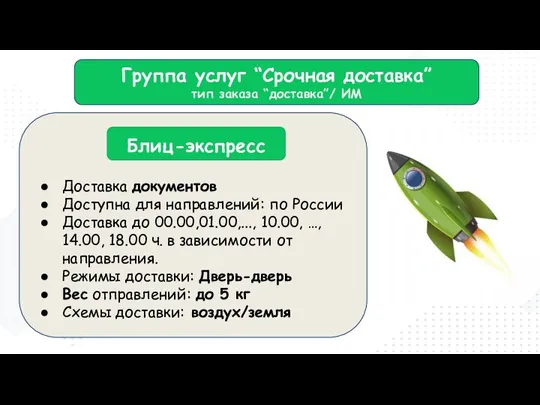 Блиц-экспресс Доставка документов Доступна для направлений: по России Доставка до 00.00,01.00,...,