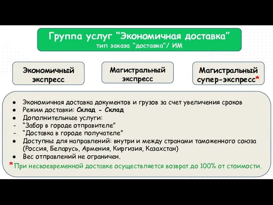 Группа услуг “Экономичная доставка” тип заказа “доставка”/ ИМ Экономичный экспресс Магистральный