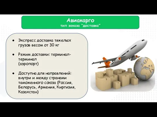 Авиакарго тип заказа “доставка” Экспресс доставка тяжелых грузов весом от 30