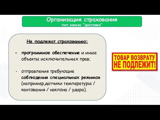 Организация страхования тип заказа “доставка” Не подлежат страхованию: программное обеспечение и