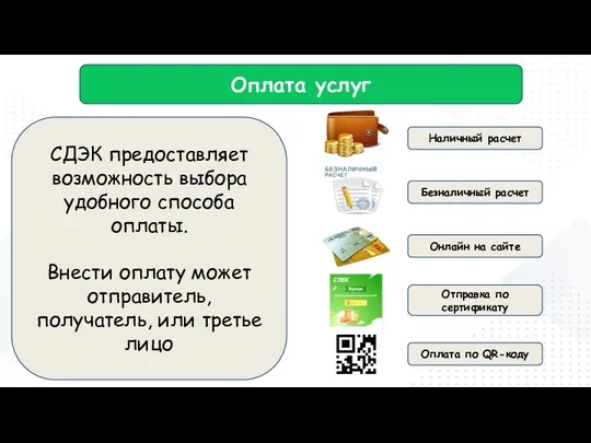 Оплата услуг СДЭК предоставляет возможность выбора удобного способа оплаты. Внести оплату