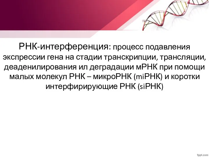 РНК-интерференция: процесс подавления экспрессии гена на стадии транскрипции, трансляции, деаденилирования ил