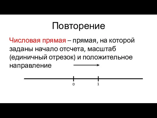 Повторение Числовая прямая – прямая, на которой заданы начало отсчета, масштаб