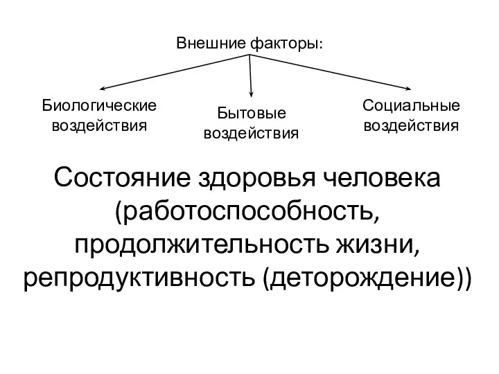 Состояние здоровья человека (работоспособность, продолжительность жизни, репродуктивность (деторождение)) Социальные воздействия Внешние факторы: Биологические воздействия Бытовые воздействия