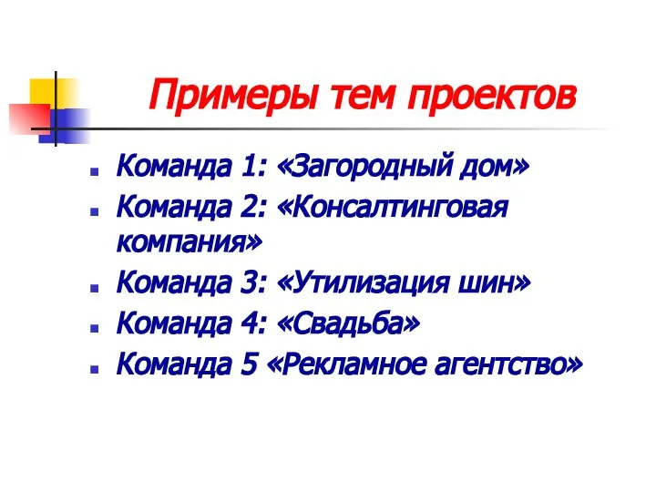 Примеры тем проектов Команда 1: «Загородный дом» Команда 2: «Консалтинговая компания»