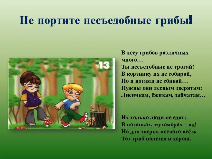 Не портите несъедобные грибы! В лесу грибов различных много… Ты несъедобные