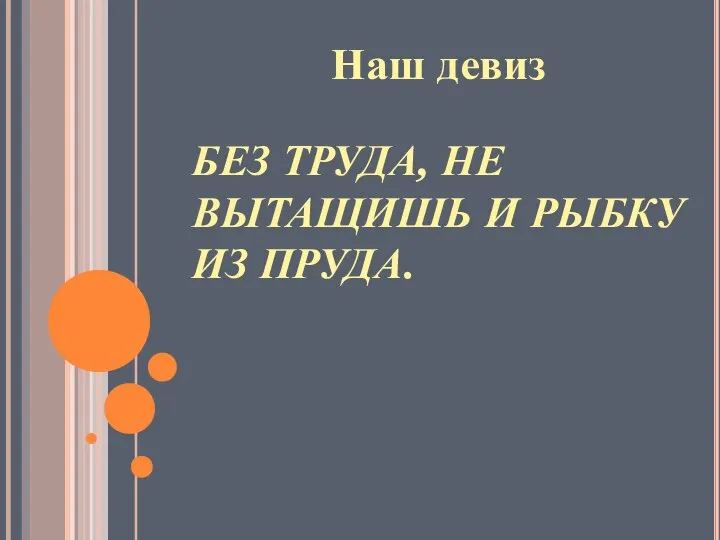 БЕЗ ТРУДА, НЕ ВЫТАЩИШЬ И РЫБКУ ИЗ ПРУДА. Наш девиз