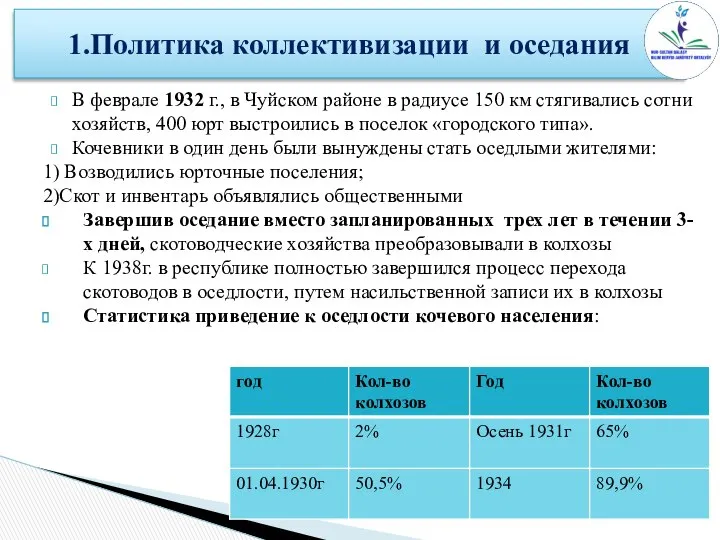 1.Политика коллективизации и оседания В феврале 1932 г., в Чуйском районе