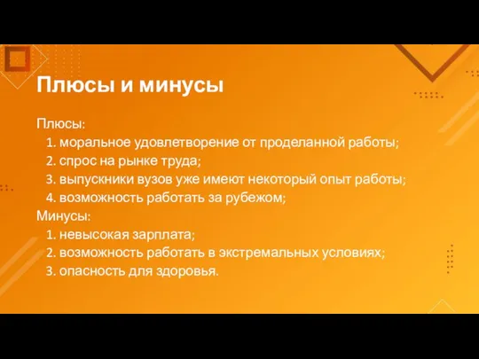 Плюсы и минусы Плюсы: 1. моральное удовлетворение от проделанной работы; 2.