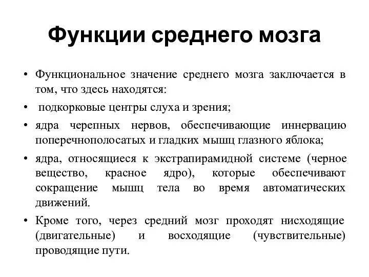 Функции среднего мозга Функциональное значение среднего мозга заключается в том, что