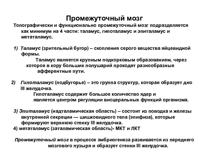 Промежуточный мозг Топографически и функционально промежуточный мозг подразделяется как минимум на