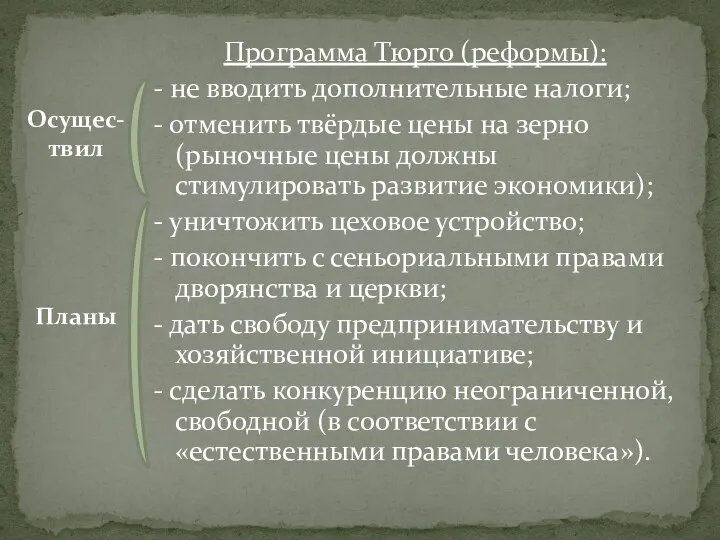 Программа Тюрго (реформы): - не вводить дополнительные налоги; - отменить твёрдые