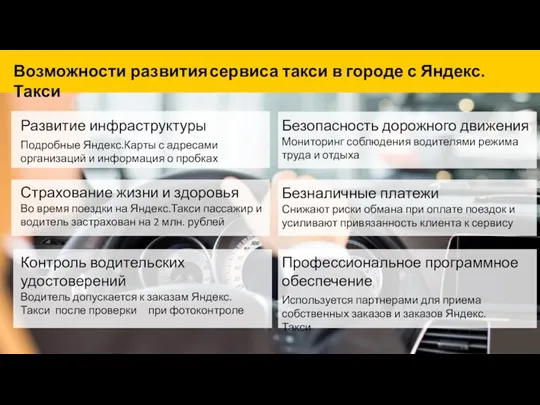 Возможности развития сервиса такси в городе с Яндекс.Такси Развитие инфраструктуры Подробные