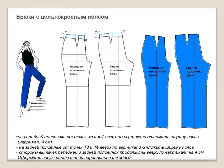 Брюки с цельнокроеным поясом на передней половинке от точек т и
