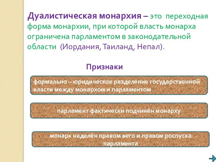 Дуалистическая монархия – это переходная форма монархии, при которой власть монарха