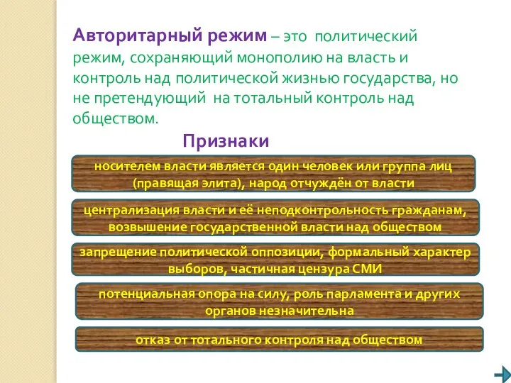 Авторитарный режим – это политический режим, сохраняющий монополию на власть и