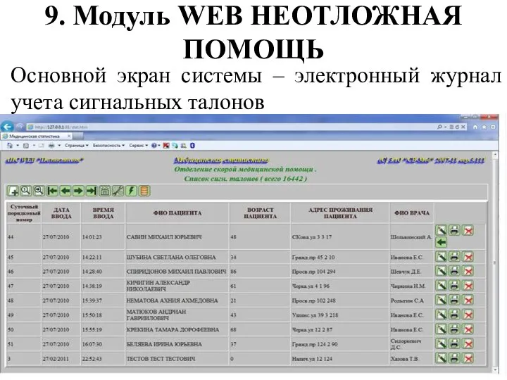 9. Модуль WEB НЕОТЛОЖНАЯ ПОМОЩЬ Основной экран системы – электронный журнал учета сигнальных талонов