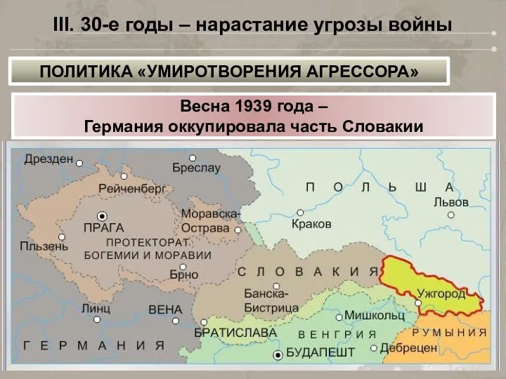 III. 30-е годы – нарастание угрозы войны ПОЛИТИКА «УМИРОТВОРЕНИЯ АГРЕССОРА» Весна