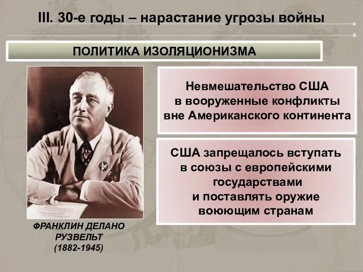 III. 30-е годы – нарастание угрозы войны ПОЛИТИКА ИЗОЛЯЦИОНИЗМА Невмешательство США