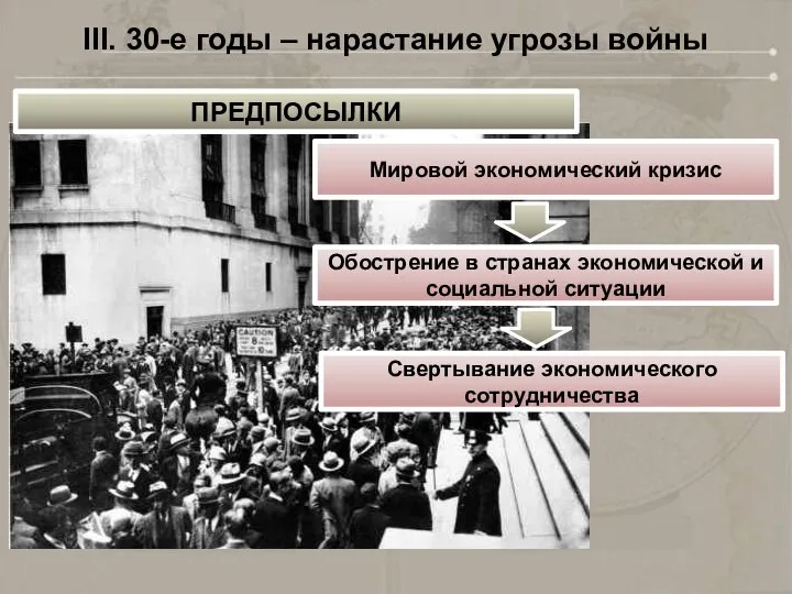 III. 30-е годы – нарастание угрозы войны ПРЕДПОСЫЛКИ Обострение в странах