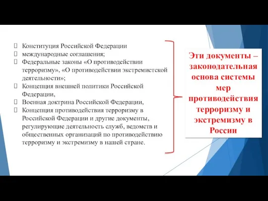 Конституция Российской Федерации международные соглашения; Федеральные законы «О противодействии терроризму», «О