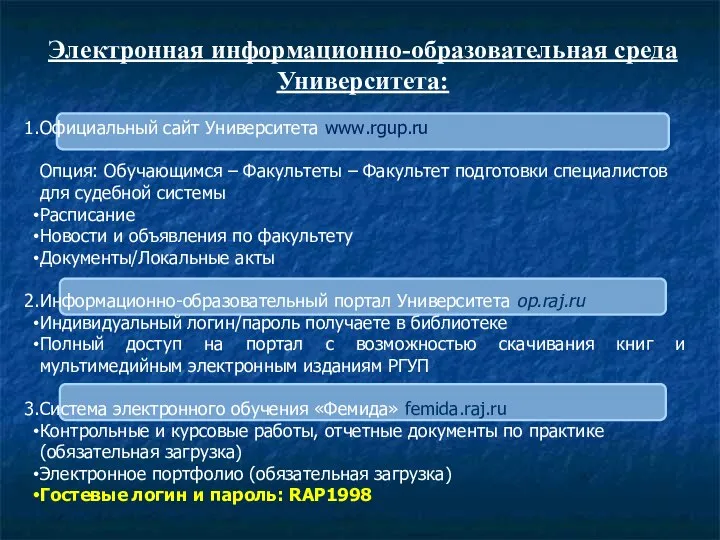 Электронная информационно-образовательная среда Университета: Официальный сайт Университета www.rgup.ru Опция: Обучающимся –