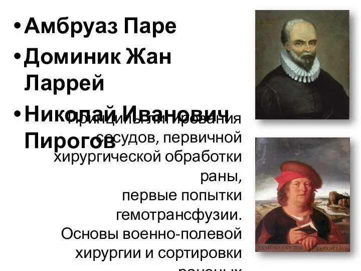 Амбруаз Паре Доминик Жан Ларрей Николай Иванович Пирогов Принципы лигирования сосудов,