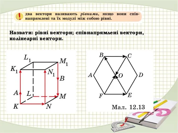 Назвати: рівні вектори; співнапрямлені вектори, колінеарні вектори.