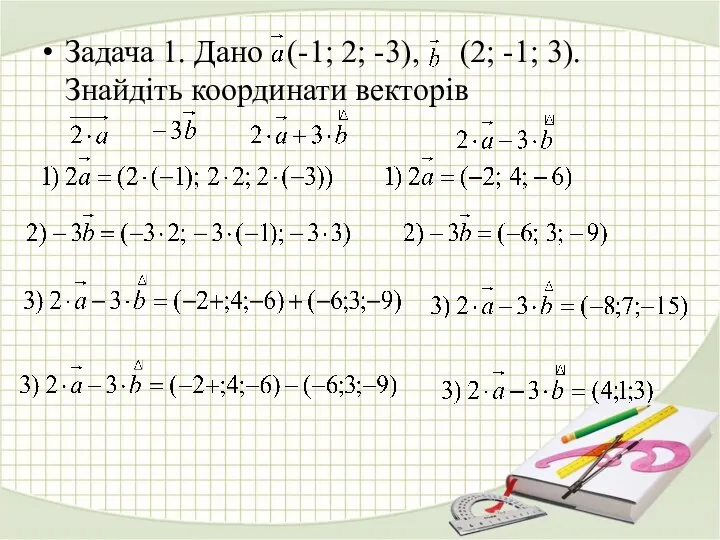 Задача 1. Дано (-1; 2; -3), (2; -1; 3). Знайдіть координати векторів