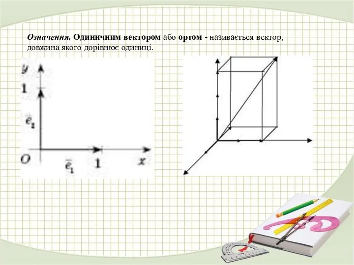 Означення. Одиничним вектором або ортом - називається вектор, довжина якого дорівнює одиниці.