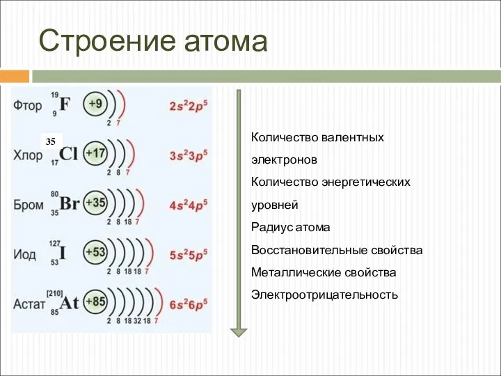 Строение атома 35 Количество валентных электронов Количество энергетических уровней Радиус атома Восстановительные свойства Металлические свойства Электроотрицательность