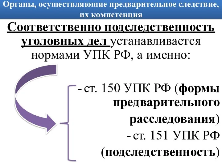 Органы, осуществляющие предварительное следствие, их компетенция Соответственно подследственность уголовных дел устанавливается